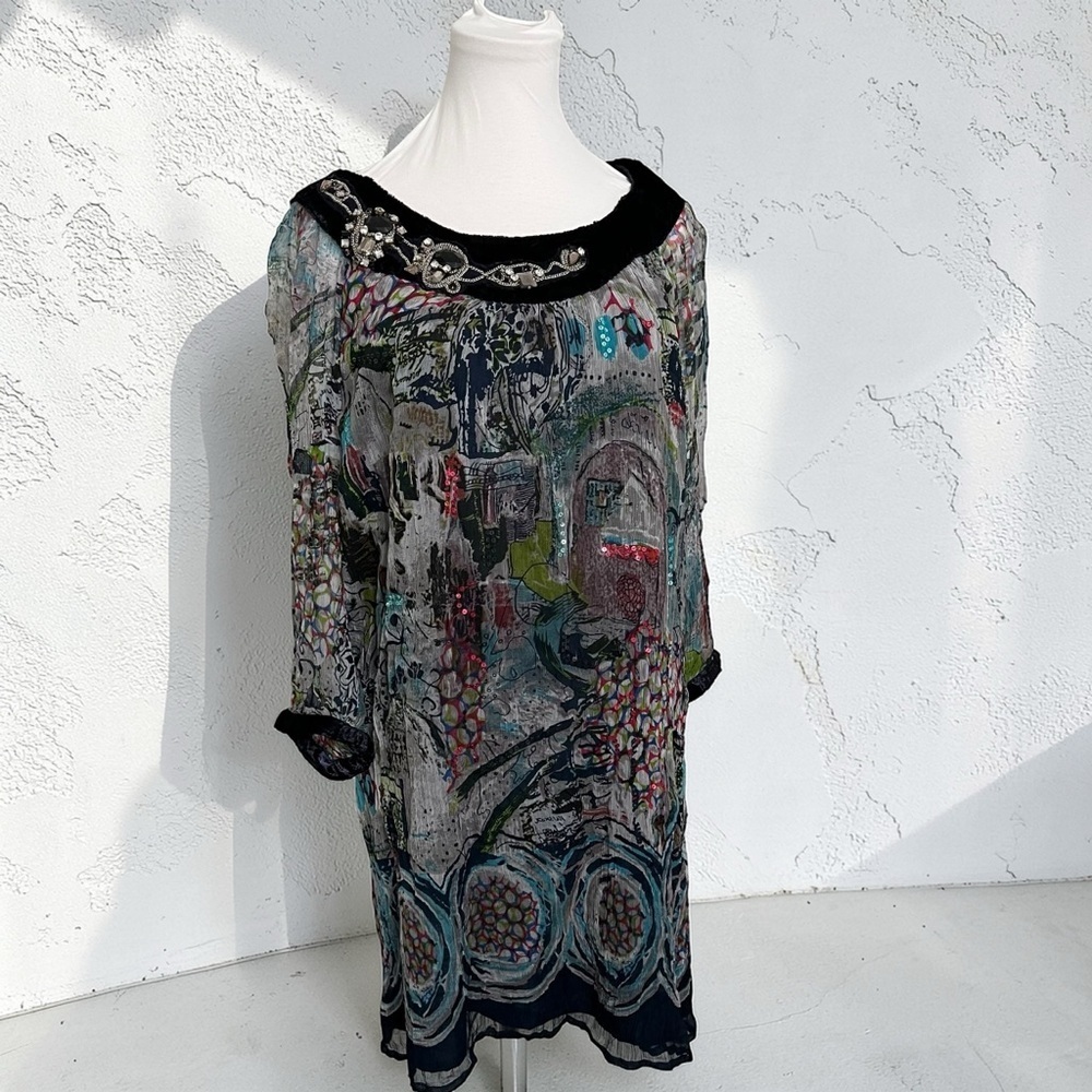 Boho Sheer Printed Tunic Dress • Embellished Neckline • Sequin Detail L